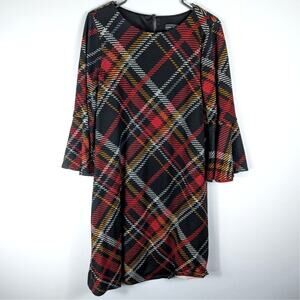 Jessica Howard Plaid Dress M Black Red Yellow Long Sleeve Lined Stretch Fall
